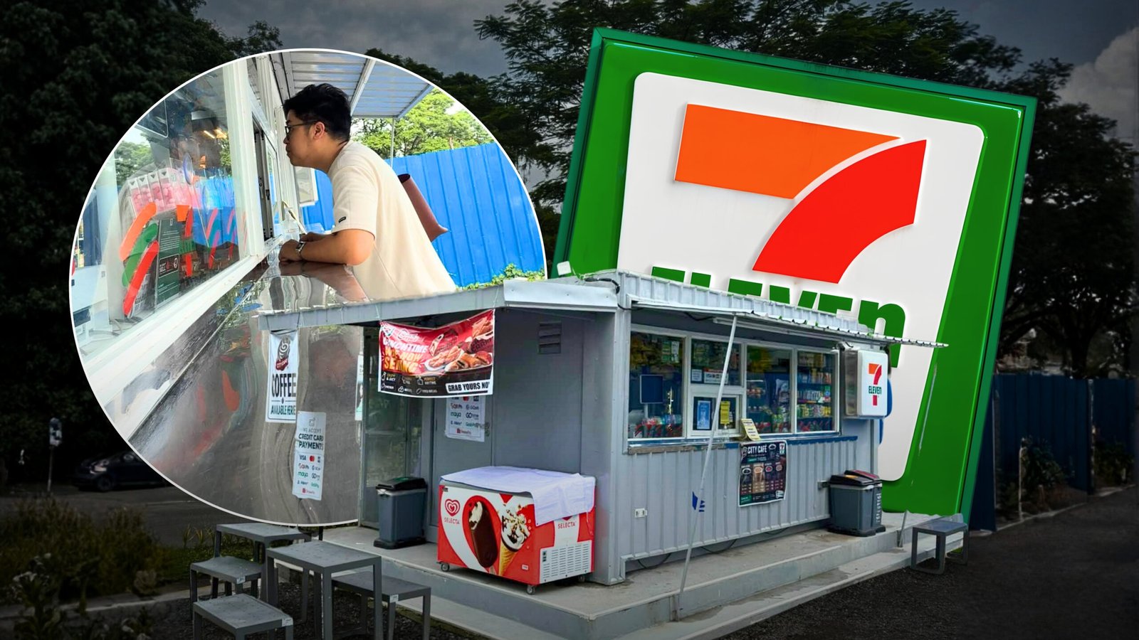 A compact Alabang 7-Eleven storefront with a circular inset of a customer ordering at its window.