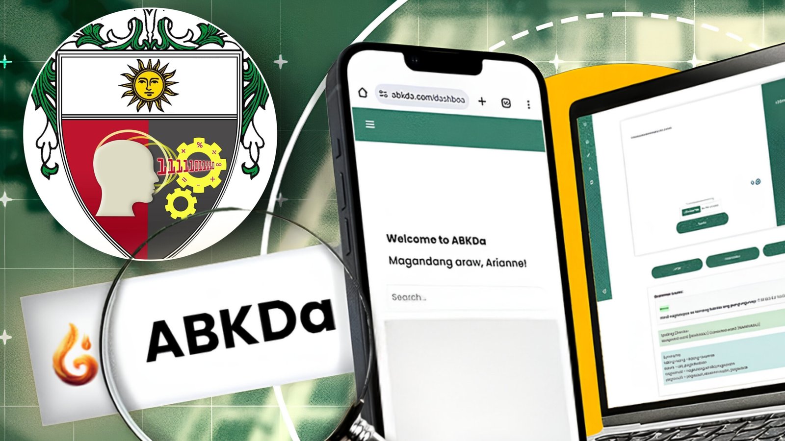 The ABKDa grammar-checking interface on a phone and laptop, with the project name and a UST crest.