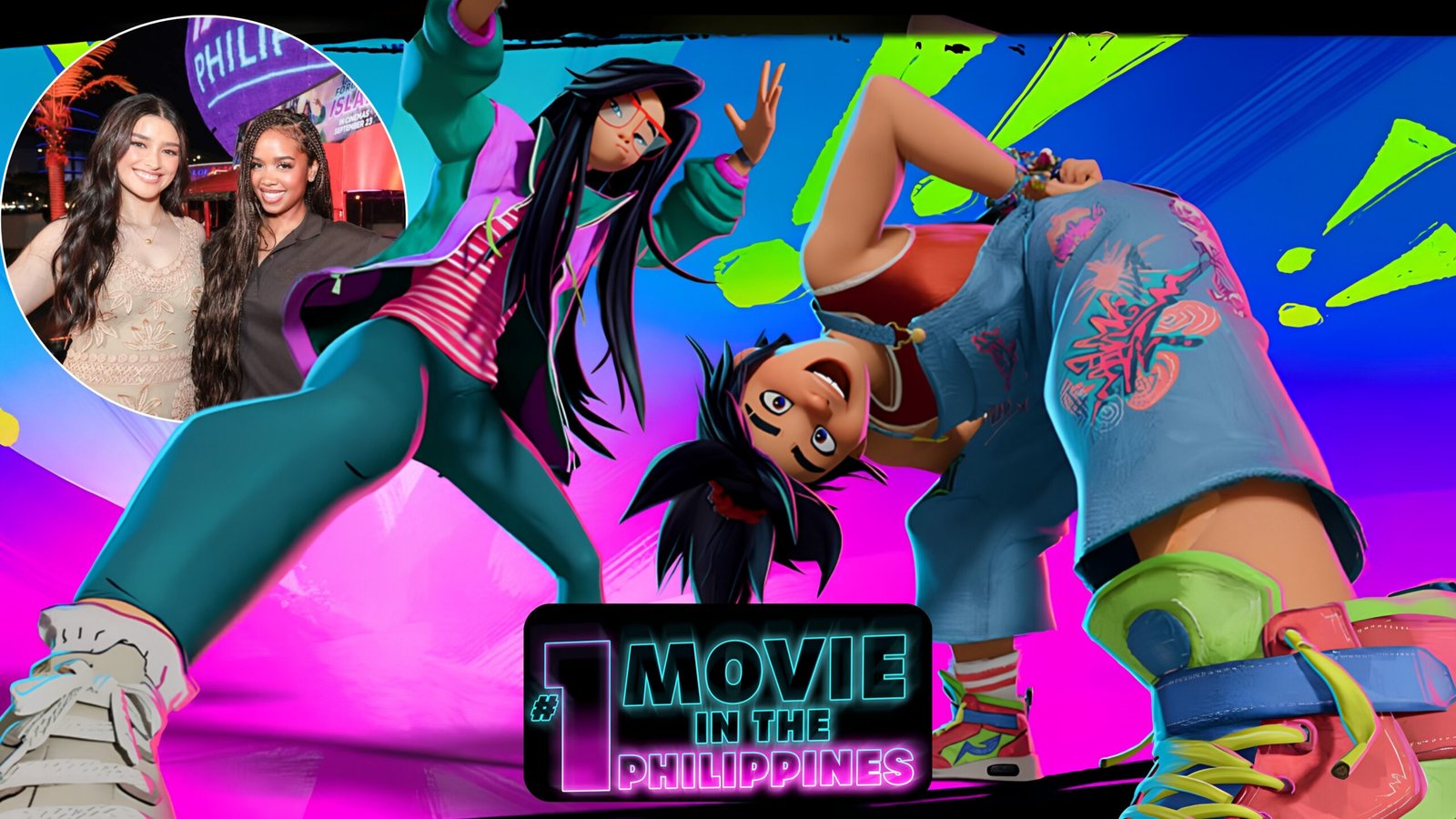 Colorful Forgotten Island promotional artwork with animated characters and an inset of two performers.