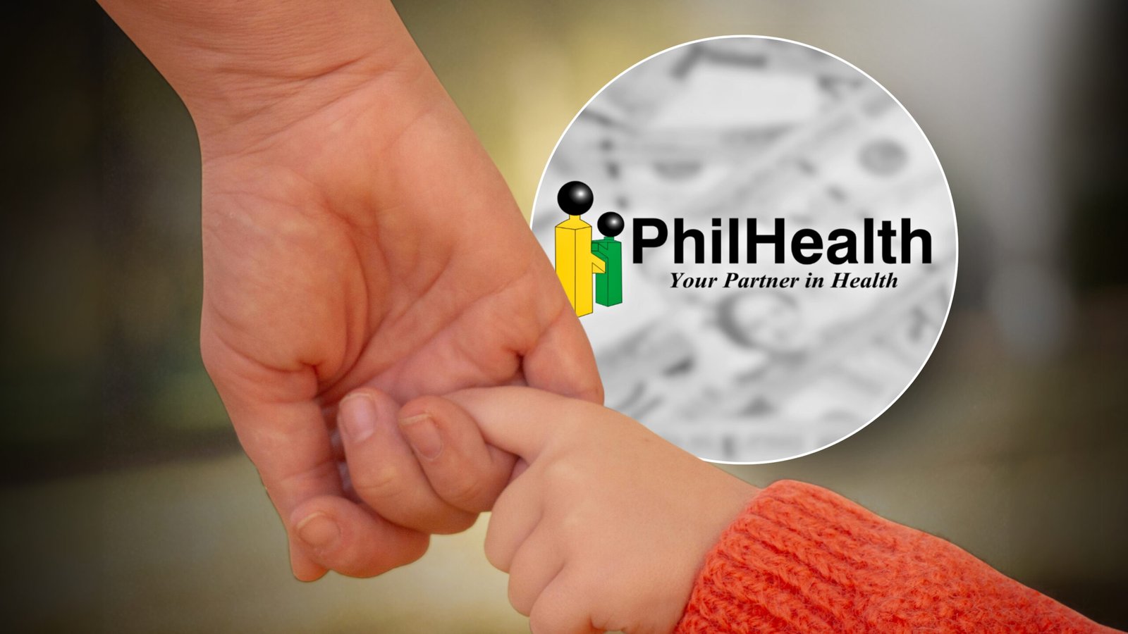 An adult holding a child’s hand beside the PhilHealth logo.