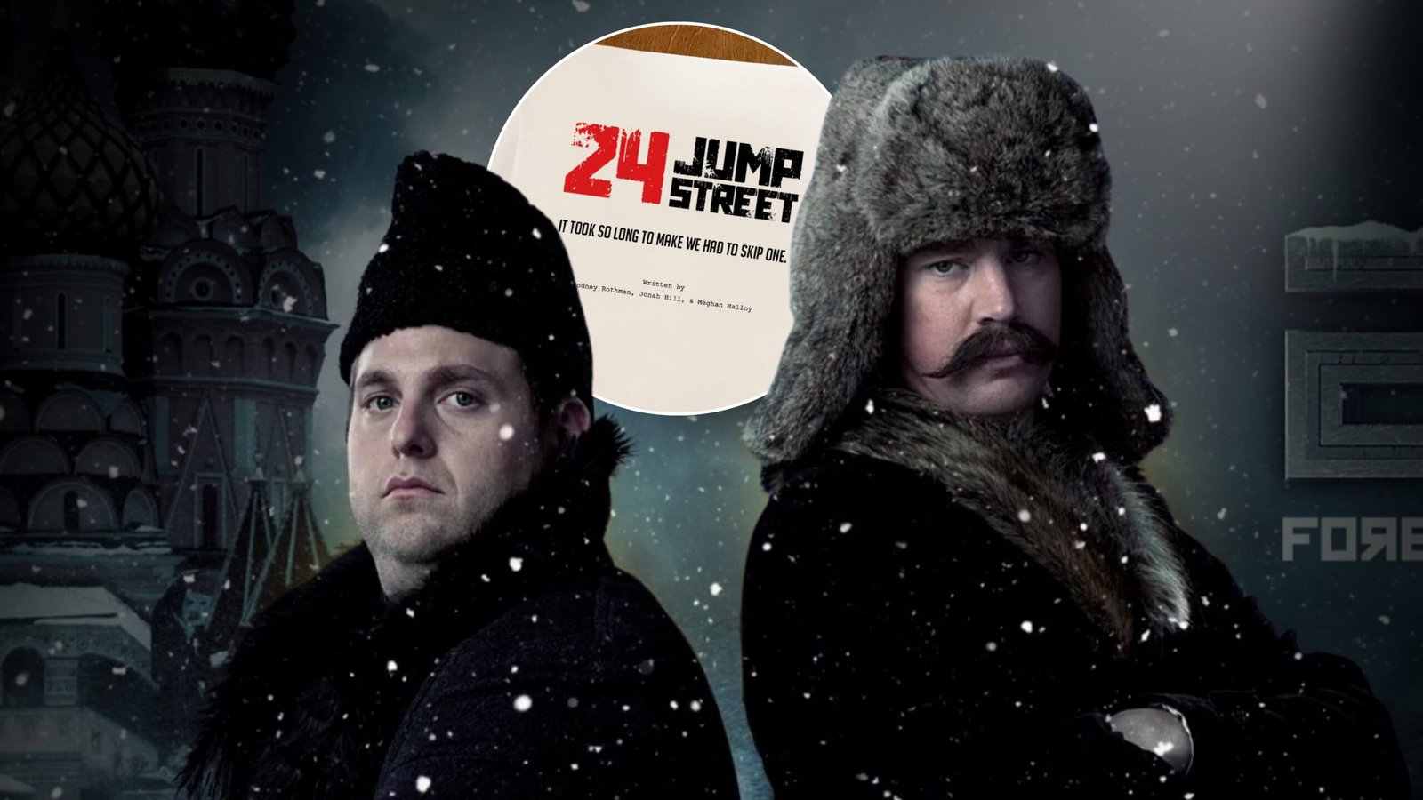 Composite artwork showing Jonah Hill and Channing Tatum in winter clothing with a 24 Jump Street screenplay graphic.